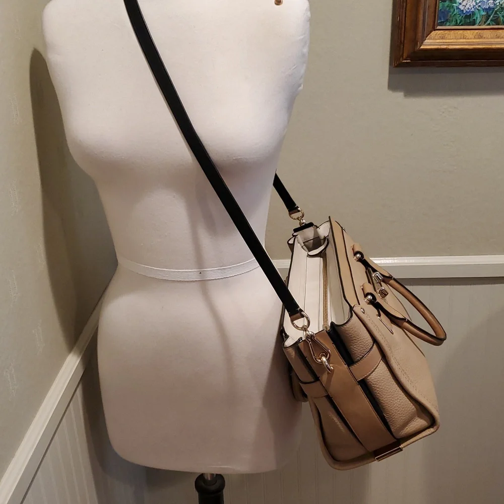 Neutral Beige Leather Satchel Handbag with Gold Hardware